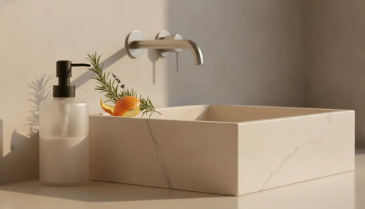 Luxury hand soap for high end clinics in a refined washroom with a reusable translucent dispenser