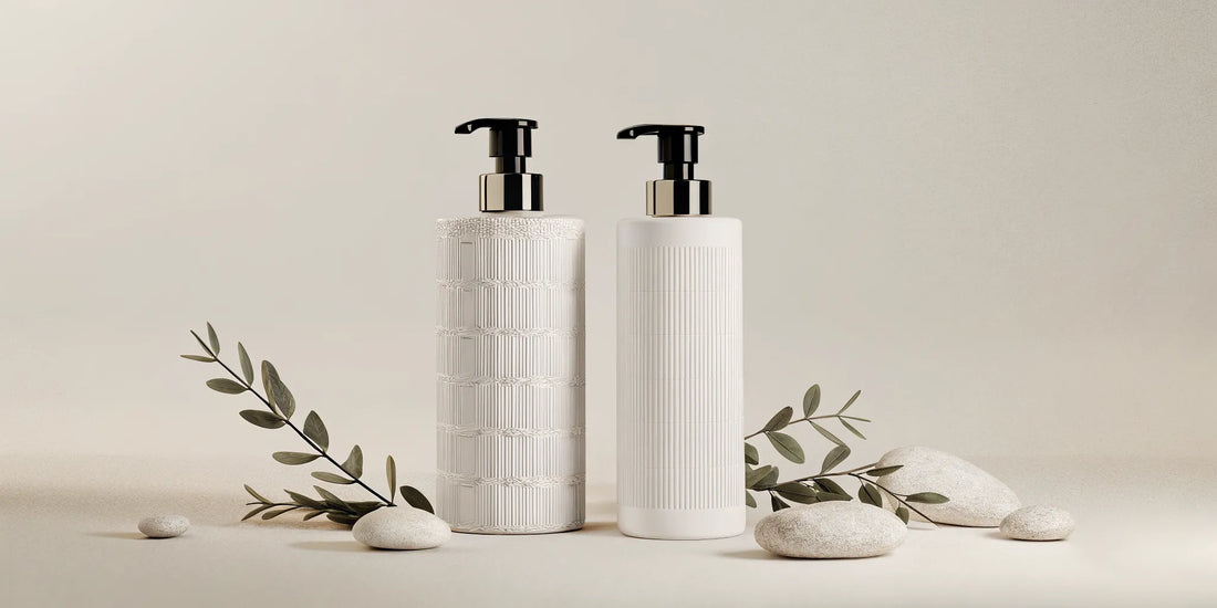 A beautifully styled bathroom counter with minimalist translucent soap dispensers, eucalyptus leaves, and natural stone decor in soft natural lighting
