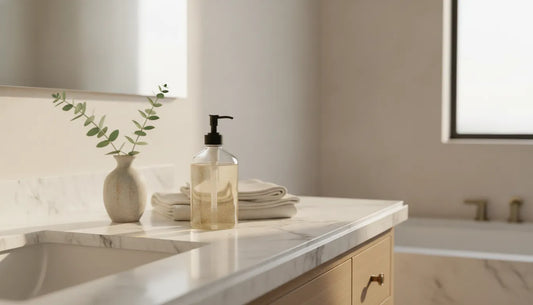 Designer staging a bright luxury bathroom vanity with a refillable glass soap dispenser, folded white towels and a small plant, soft natural light