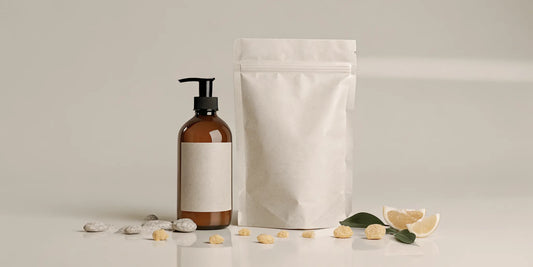Premium amber hand soap and kraft paper refill pouch