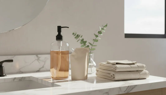 Elegant glass hand soap and body wash dispensers on a luxury vacation rental bathroom vanity