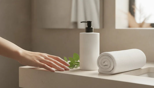 A bright, elegant powder room with a minimalist ceramic hand soap dispenser beside a fresh wash-hand scene
