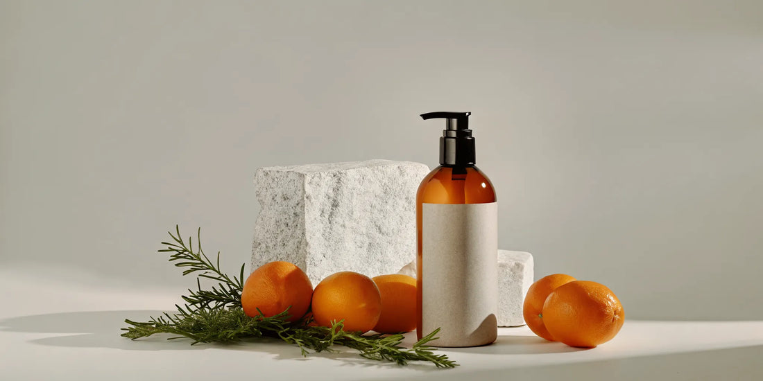 Mandarin hand soap beside fresh citrus, rosemary, and cedar