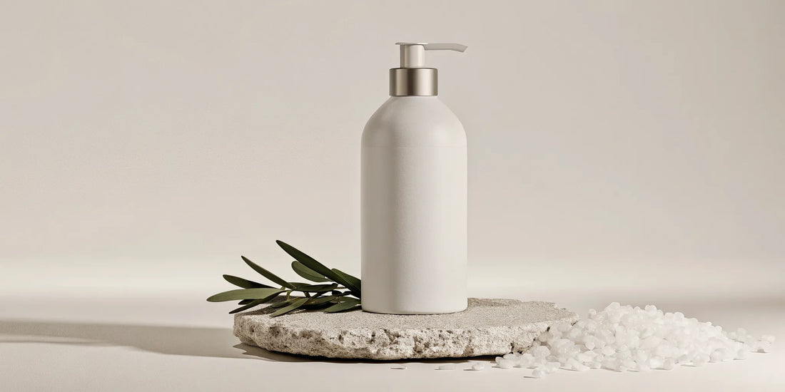 Sleek ceramic bottle of non-toxic body wash on marble surface with sage and sea salt accents