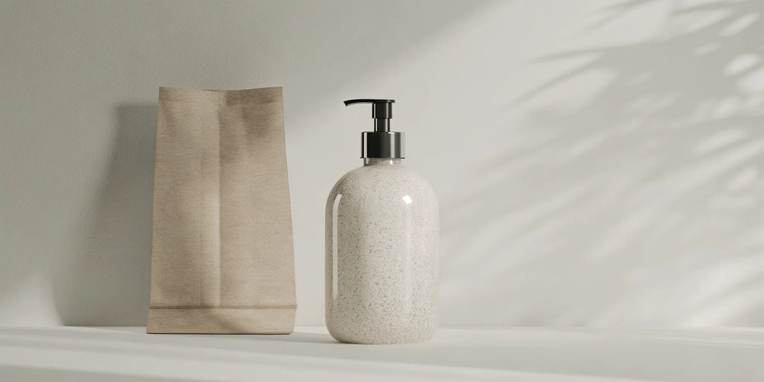 A kraft-paper hand soap refill pouch beside a translucent ceramic-look dispenser in a modern minimalist bathroom setting