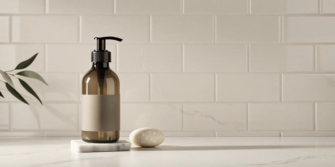 Plant-derived hand soap in an amber pump bottle with green leaves.