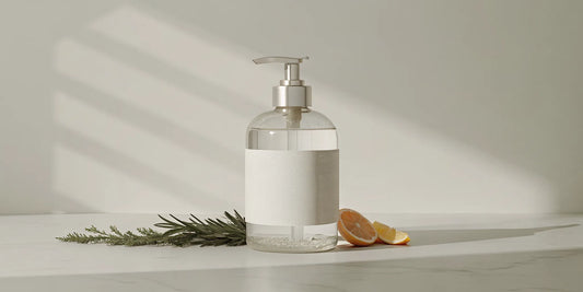 Quietly luxurious amber glass bottle of premium essential oil hand soap on a marble countertop in soft morning light