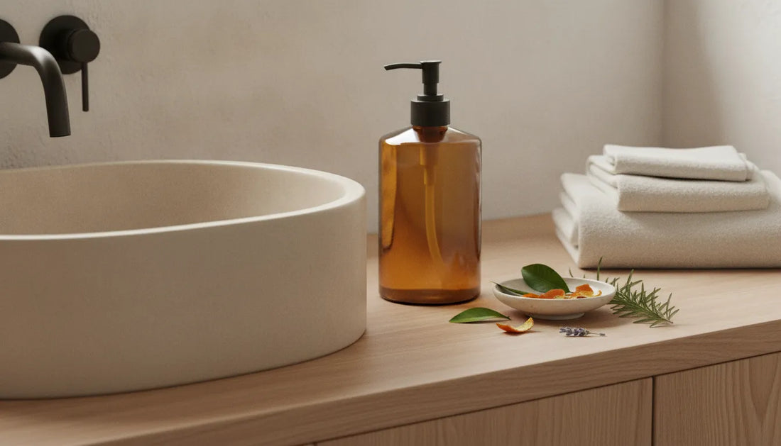 Quiet luxury hand soap beside a refined stone bathroom sink