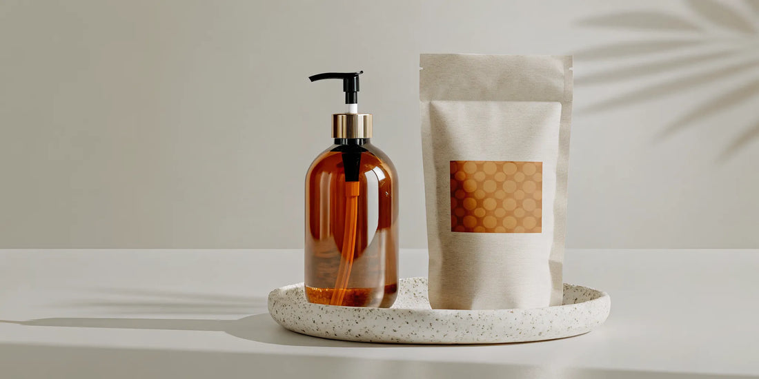 Refillable body wash system with kraft paper pouch and dispenser on bathroom counter