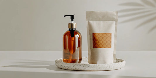 Refillable body wash system with kraft paper pouch and dispenser on bathroom counter