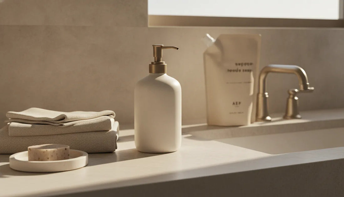 Refillable hand soap California bathroom with a reusable ceramic dispenser