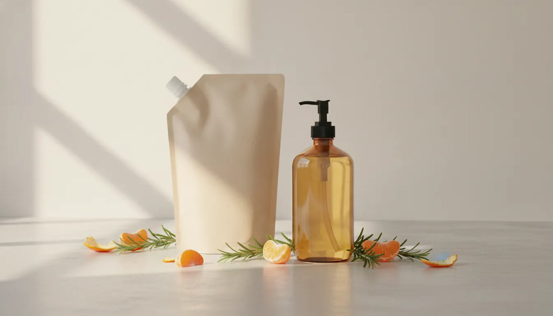 Refillable mandarin hand soap dispenser beside a kraft-paper refill pouch with fresh mandarin and rosemary