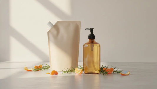Refillable mandarin hand soap dispenser beside a kraft-paper refill pouch with fresh mandarin and rosemary