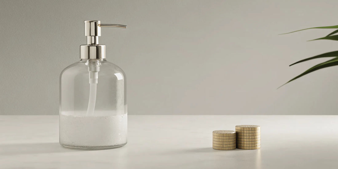 A 500ml hand soap refill pouch next to a dispenser and a stack of coins.