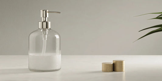 A 500ml hand soap refill pouch next to a dispenser and a stack of coins.
