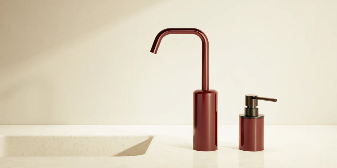 A modern soap pump for sink installed on a minimalist countertop.