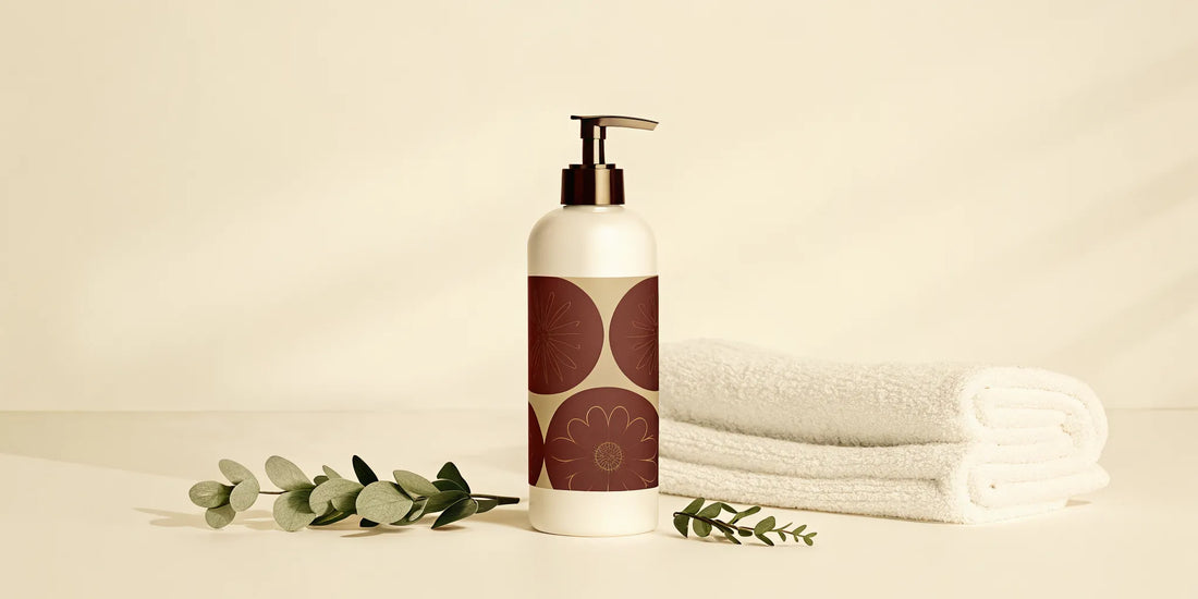 A minimalist bathroom counter with a ceramic pump bottle of sulfate-free hand soap beside fresh botanicals and a folded linen towel
