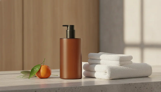 Tangerine sage body wash in a calm, design-led bathroom