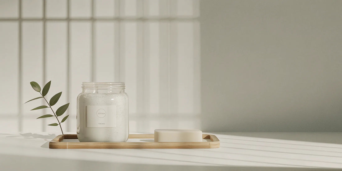 Eco-friendly body wash refill in a glass dispenser on a bamboo tray.
