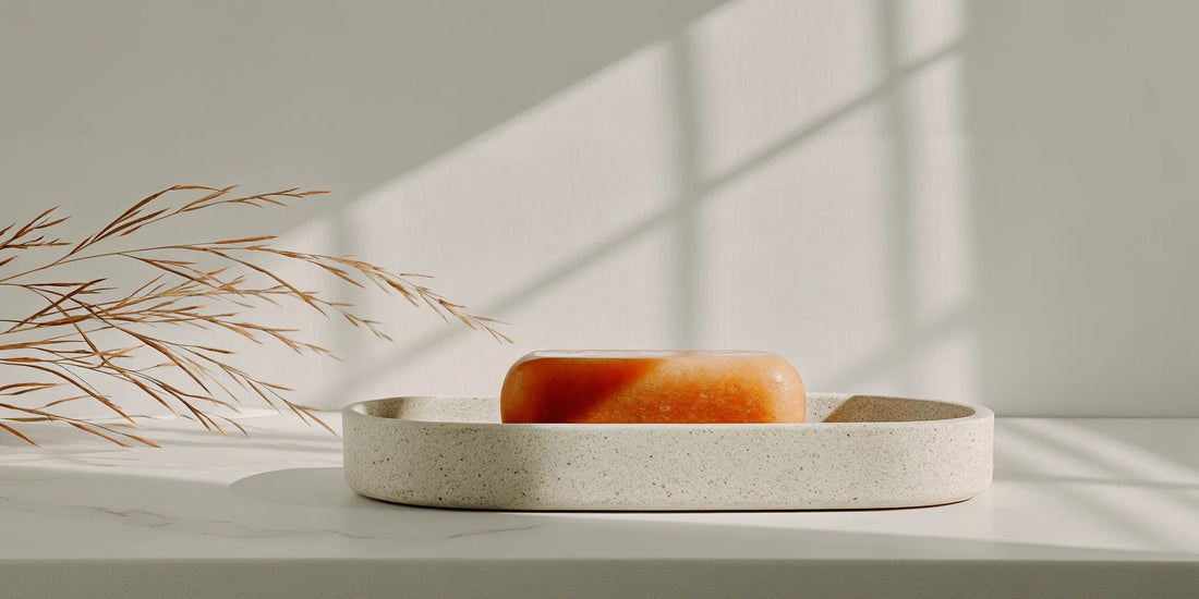 A plastic-free hand soap refill bar resting in a ceramic dish on a bathroom counter.