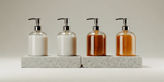 Four top-rated rosemary lavender hand soaps in minimalist pump bottles.