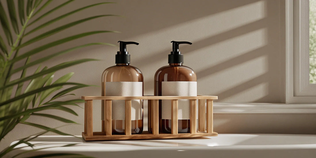 Sustainable luxury soap refills in amber glass dispensers on a wooden tray.