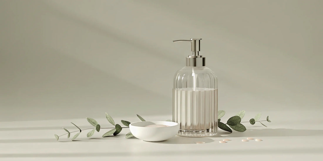 A glass soap dispenser and an aromatic soap refill.