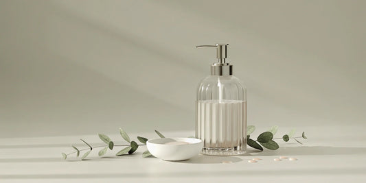 A glass soap dispenser and an aromatic soap refill.