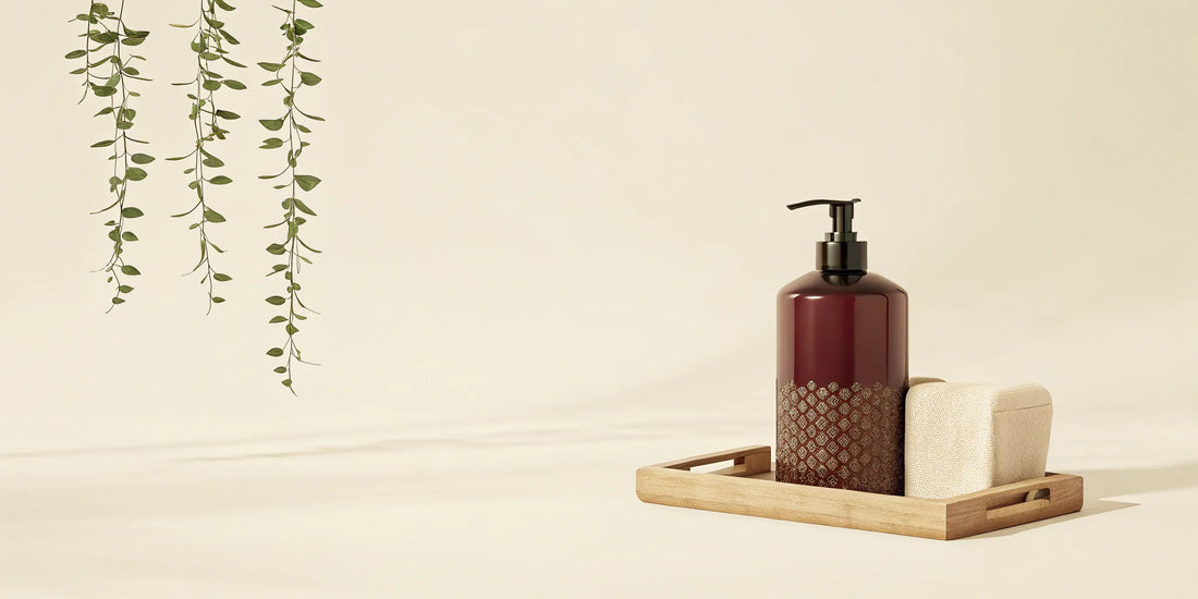 A plant-based hand soap refill bottle on a wooden tray with a green plant in the background.