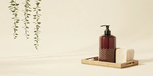 A plant-based hand soap refill bottle on a wooden tray with a green plant in the background.
