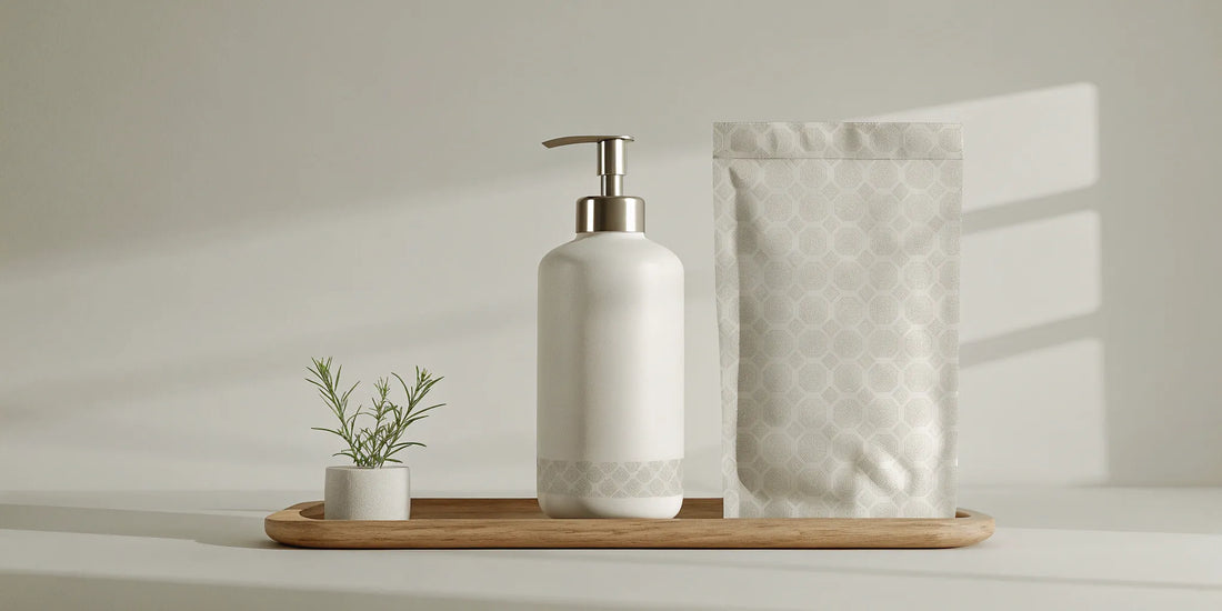 A modern soap dispenser and its eco-friendly refill pouch.