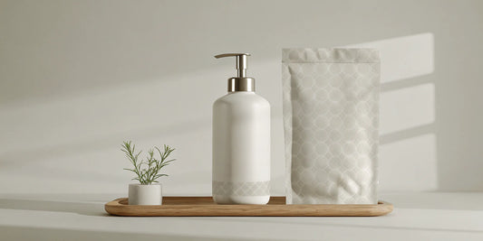 A modern soap dispenser and its eco-friendly refill pouch.