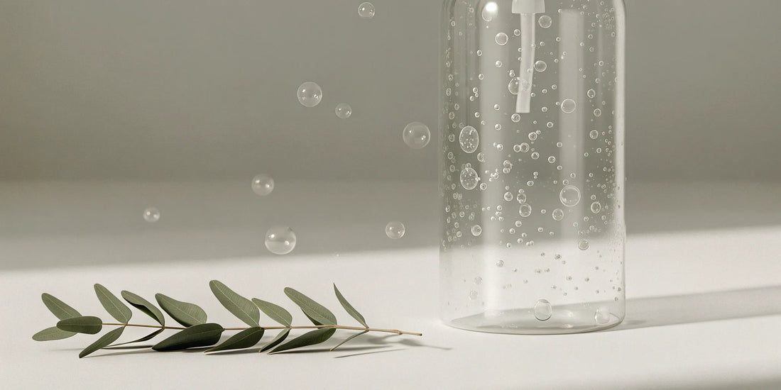 Eucalyptus hand soap refill in a clear bottle next to a fresh eucalyptus branch.