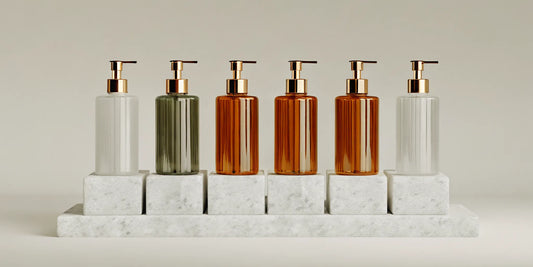 Bottles of the best luxury hand wash with gold pumps arranged on a marble surface.