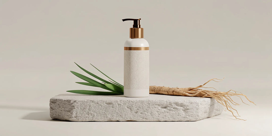 Ceramic bottle of amber vetiver hand soap beside fresh vetiver roots and green leaves on stone