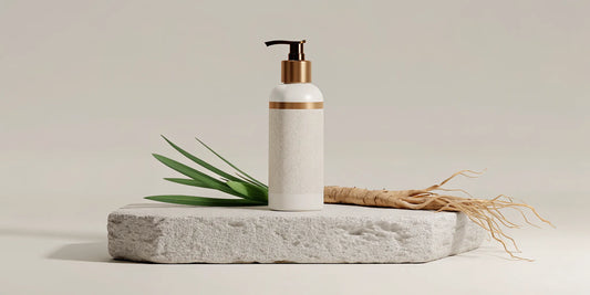 Ceramic bottle of amber vetiver hand soap beside fresh vetiver roots and green leaves on stone