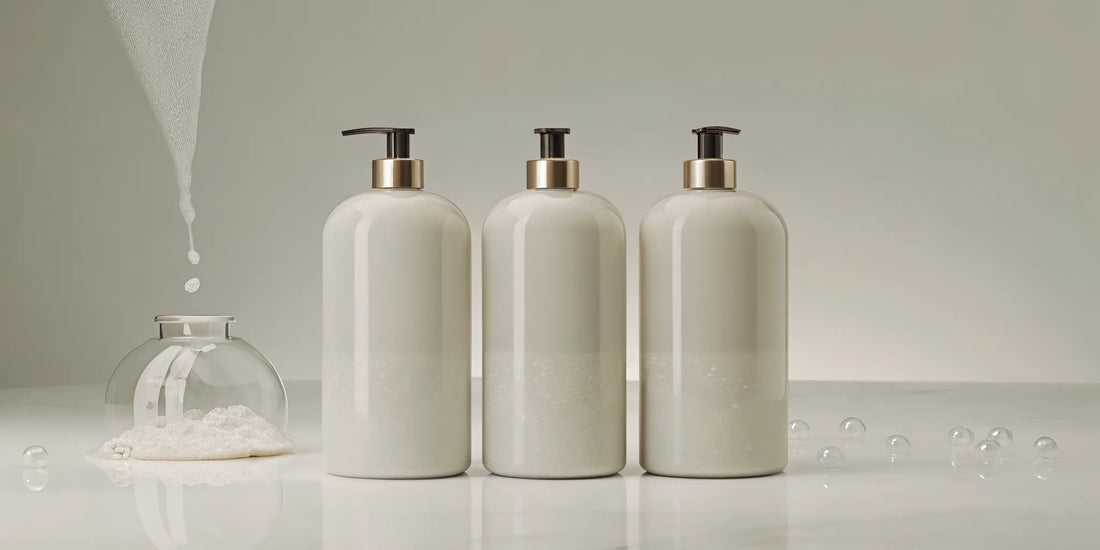 A hand pouring a 1000ml soap refill into a reusable dispenser.