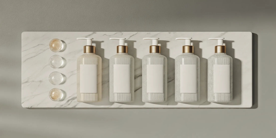 A luxury bath gel set with five pump bottles on a marble tray for a complete home spa experience.