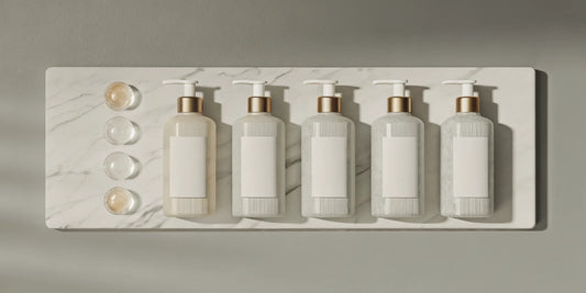 A luxury bath gel set with five pump bottles on a marble tray for a complete home spa experience.