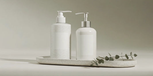 A minimalist luxury bathroom vanity featuring a reusable glass hand soap bottle and a matching body wash dispenser, warm natural light, soft beige background, eucalyptus sprig