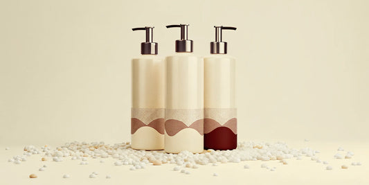 Minimalist pump bottles of coastal sage body wash on a clean, neutral background with pebbles.