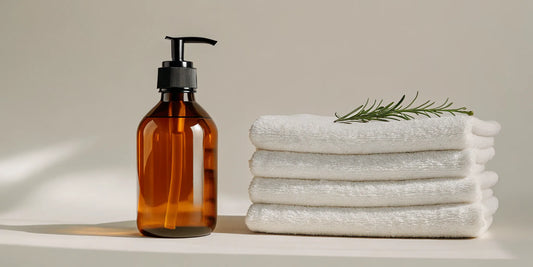 A clean aesthetic amber glass hand soap dispenser next to a fresh rosemary sprig in natural sunlight