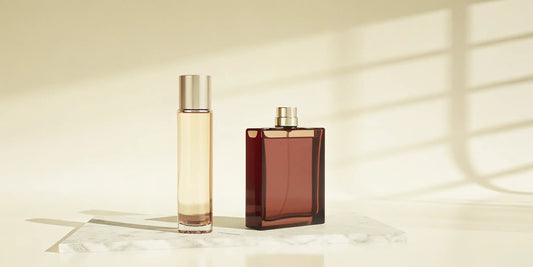 An elegant perfume bottle next to its Maison Francis Kurkdjian 724 dupe on a marble surface.