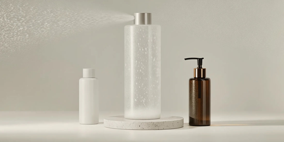 A variety of refillable lotion bottles in glass, plastic, and aluminum styles.