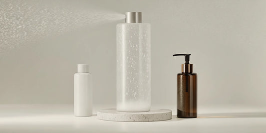A variety of refillable lotion bottles in glass, plastic, and aluminum styles.