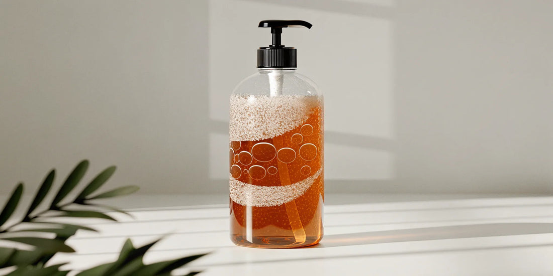 A clear dispenser filled with one of the best scented hand soap refills.