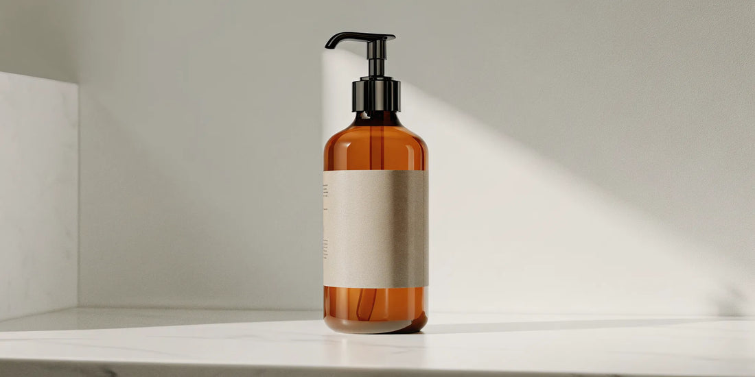 A minimalist, amber wall mounted dispenser with a black pump for a bathroom.