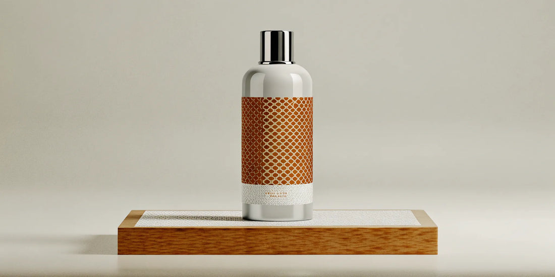 A modern oud hand wash refill bottle on a wooden tray, a sustainable choice for a luxury bathroom.