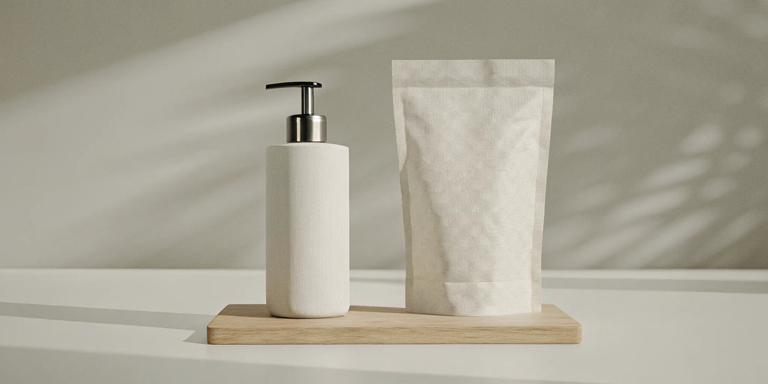 Modern bathroom with a sleek pump dispenser and a kraft-paper refill pouch on a bamboo countertop