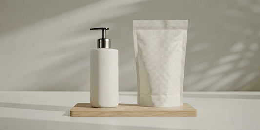 Modern bathroom with a sleek pump dispenser and a kraft-paper refill pouch on a bamboo countertop